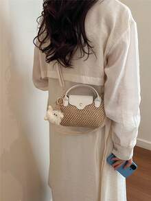 1 pieza Bolso de mano mini de moda, bolso cuadrado pequeño, bolso de hombro versátil para mujer, bolso cruzado, billetera mini de unicolor, puede contener teléfono, monedas, lápiz labial, para uso diario, ir al trabajo - Beis - Ver 4