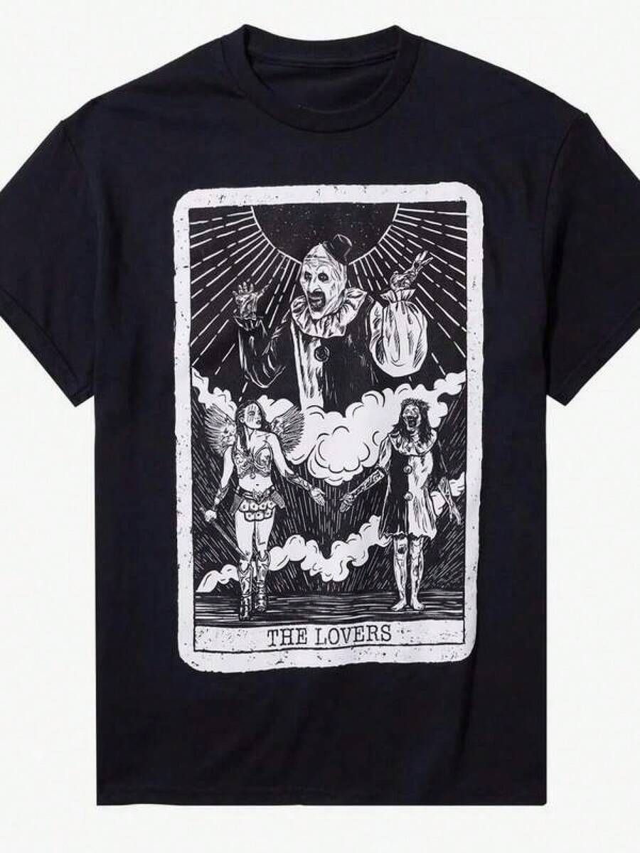 T Shirt Print ,Graphic-Cotton Tees Size Plus, Cartoon Round Neck Short Sleeve, Terrifier Art The Clown Tarot Card By Vertebrae33 _ Printed Summer Luxury Brand Cotton Men's And Women's T-Shirt Short Sleeves ,Y2K,Oversized Shirt Men,With Shirt,Summer Tops,Shirt Suitable - 黑色 - 查看 1