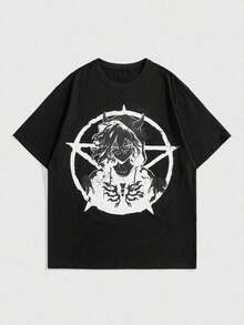 ROMWE MEN Dam-T-shirts, Sommar-T-shirt med unikt mörkt anime-tryck, Casual Unis-ex T-shirt, Fan Graphic T-shirt, 1 del, Unis-ex T-shirt, Matchande set för familjen, Snygga toppar för vår och sommar, Favoritgrafiska T-shirts för män och kvinnor. - Svart - Visa 7