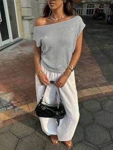 Women's Casual Elegant Shiny Sparkly One Shoulder Knitted Sweater Tank Top Old Money Style Vacation Holiday Summer - Silver - View 2