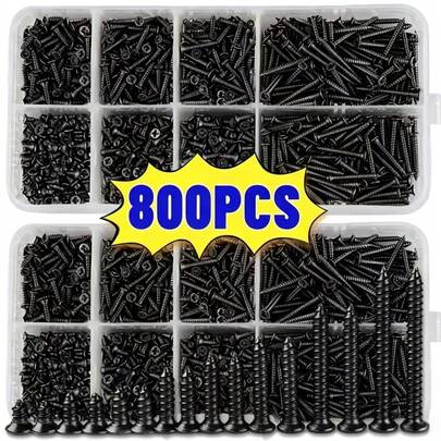 800pcs Self Wood Screws Set, M2 Flat Head Sheet Metal Screw, Self Screws Assortment Kit Lock Nuts Screw Fastener Sets