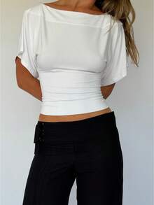 Women's Solid Color Boat Neck Batwing Sleeve Cinched Waist Crop Top Casual Slim Fit Ruched Short Sleeve Tee - trắng - Xem 1