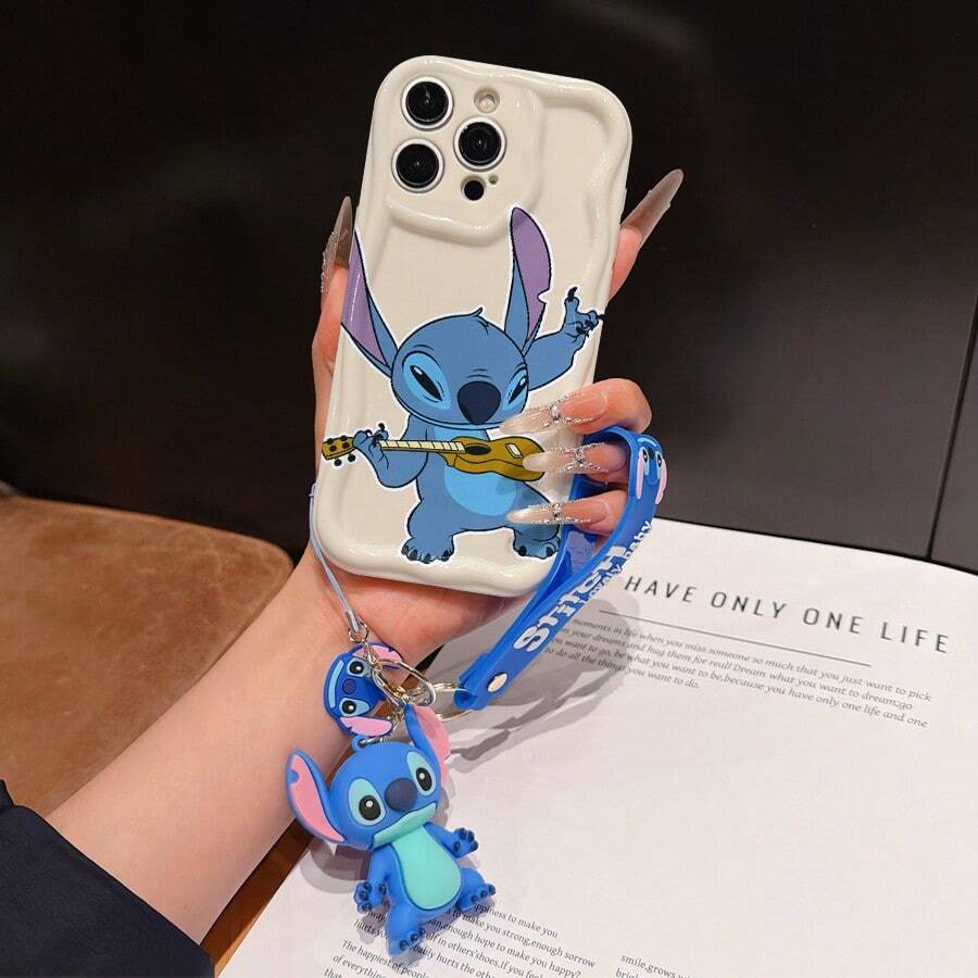 Disney Has Authorized, Phone Case - Chain Set, The Stitch Lilo & Stitch Phone Case Plus A Silicone 3D Or Fluffy Style Stitch Bracelet With Metallic Ring Removable Bracelet, Stitch And Angel Pattern, Compatible With Iphone 17/16/15/14/13/12/11/XS/XR/X Plus Pro Max, Wavy Design Phone Case For Girl, A Stylish Cartoon Summer Phone Case, The Perfect Gift Choice, Phone Protection, Durable Phone Cover, Great Gift For Friends And Family - 白色款式A - 查看 1