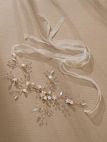 1pc Gold Tone Bridal Hair Vine With Ceramic Flower & Crystal Decor, Boho Wedding Headpiece With Ribbon For Women - Gold - View 8