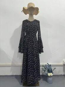 Vestido largo asimétrico elegante de chifón estampado con volantes en las mangas, novedad primavera 2026 - Negro - Ver 1