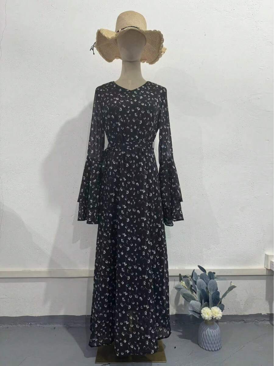 Vestido largo asimétrico elegante de chifón estampado con volantes en las mangas, novedad primavera 2026 - Negro - Ver 1
