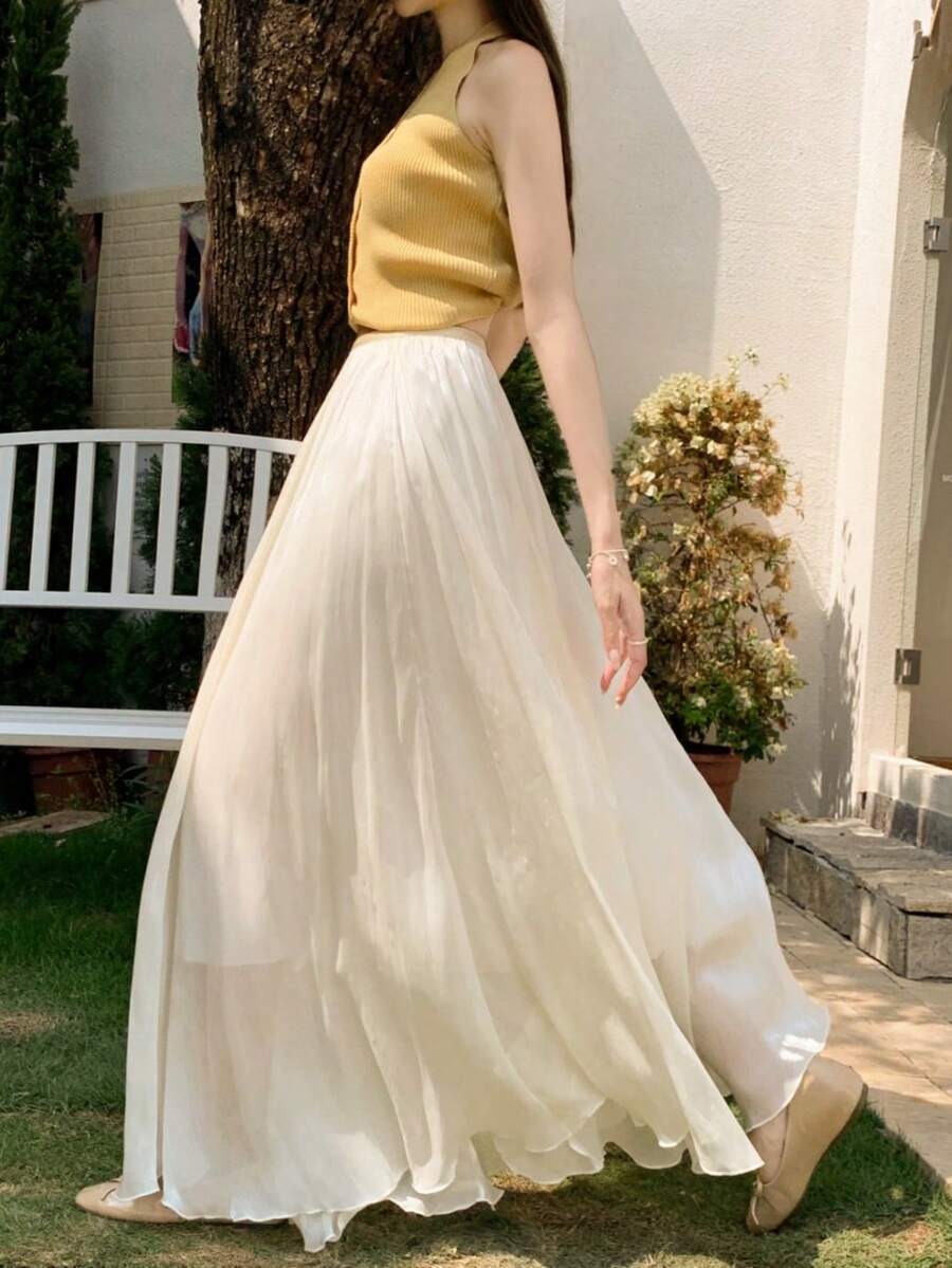 女款優雅飄逸長裙，梭織百褶A字長裙，無彈力，適合秋冬/夏季休閒與正式場合