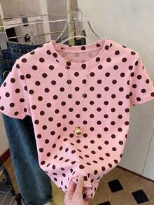 Camiseta de mujer de manga corta y cuello redondo de unicolor con estampado de lunares elegante y versátil, ideal para el estilo de viaje, vacaciones y playa - Rosa - Ver 2