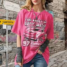 2026 New Summer Pairxily Oversized Graphic Tees For Women Baggy Streetwear Preppy Shirts For Teens Race Car Checkered Flag Drop Shoulder Top Casual T- - 粉色 - 查看 6
