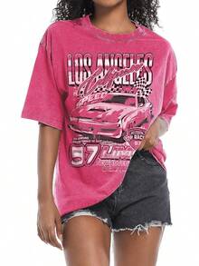 2026 New Summer Pairxily Oversized Graphic Tees For Women Baggy Streetwear Preppy Shirts For Teens Race Car Checkered Flag Drop Shoulder Top Casual T- - 粉色 - 查看 7