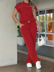 Conjunto de 2 piezas de top de manga corta de cuello redondo minimalista de unicolor y pantalones rectos de cintura alta para mujer, primavera/verano - Rojo 66 - Ver 2