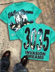 Valley Dreams Statue Of Liberty & City Explosion & "3035 INVASION DREAMS" Text 230g Combed Washed Cotton T-Shirt, Street Short-Sleeve Top, American - 湖綠色 - 查看 4