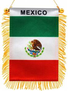 Mini Mexican Flag With Gold Fringe - Rearview Mirror Ornament - Tassel Mexican Flag - View 1