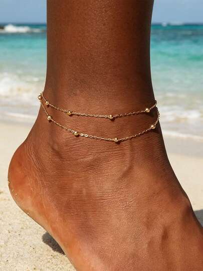 1pc Stainless Steel Minimalist Beach Style Beaded Anklet, Suitable For Women's Daily And Summer Beach Wear