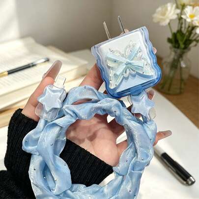Blue Bowknot Butterfly & Star Design Charger & Cable Protective Set, Durable Apple 18-20W Charging Cable Protector Case, Anti-Breakage Cable Organizer Spring Mother's Day Gift