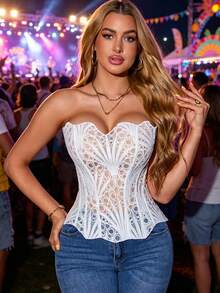 White Lace Strapless Heart Neckline Hollow Out Vintage Fitted Cropped Camisole Top Party Clubwear Summer - Butterfly White - View 2