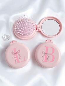 1pc Pink Bow 26 Letters Round Folding Comb With Mirror, Portable Compact 2-In-1 Makeup Mirror Comb, Women's Mini Foldable Cushion Massage Comb, Suitable For Wedding, Office, Business Trip, Performance, Back To School, Travel Essential - Multicolor - View 5