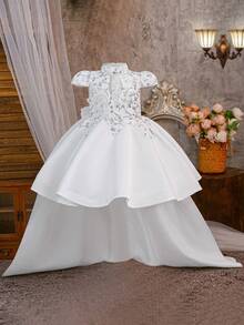 Vestido elegante con cola para niñas jóvenes, manga corta, bordado de lentejuelas en satén, adecuado para fiestas y pasarelas, patrón de tela cortado al azar, diadema no incluida - Blanco - Ver 3