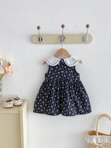 Miniweenns 1件裝女嬰夏季戶外休閒洋裝，復古藝術風，滿版碎花印花，幼兒透氣公主裙 - 藏蓝色 - 查看 3