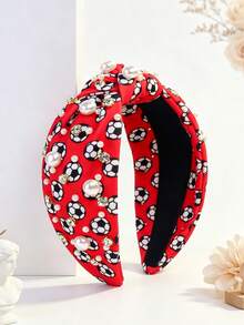 1pc Women's Solid Color Cute Football Print Tie Headband, Decorated With Pearls And Rhinestones Wide Headband, Women's Football Themed Hair Accessory, Fashion Hair Accessory For Sports Events,Festival,Party - Multicolor - View 7