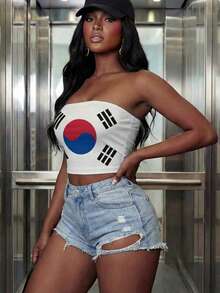 Women's Korea Flag Print Strapless Backless Cropped Top, Casual Sporty Style, Suitable For Summer, Spring, Football Matches, World Cup - South Korea - View 4