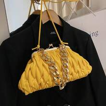 1pc Yellow Fashionable Pleated Clutch Bag, Evening Bag, Handbag, Chain Shoulder Bag For Women - Yellow - View 4