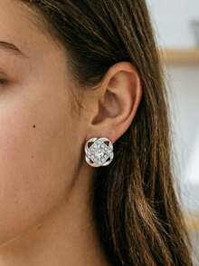 Delicate & Compact Minimalist Multi-Element Geometric Hollow Square French Earrings, Japanese & Korean Style - Silver - View 3