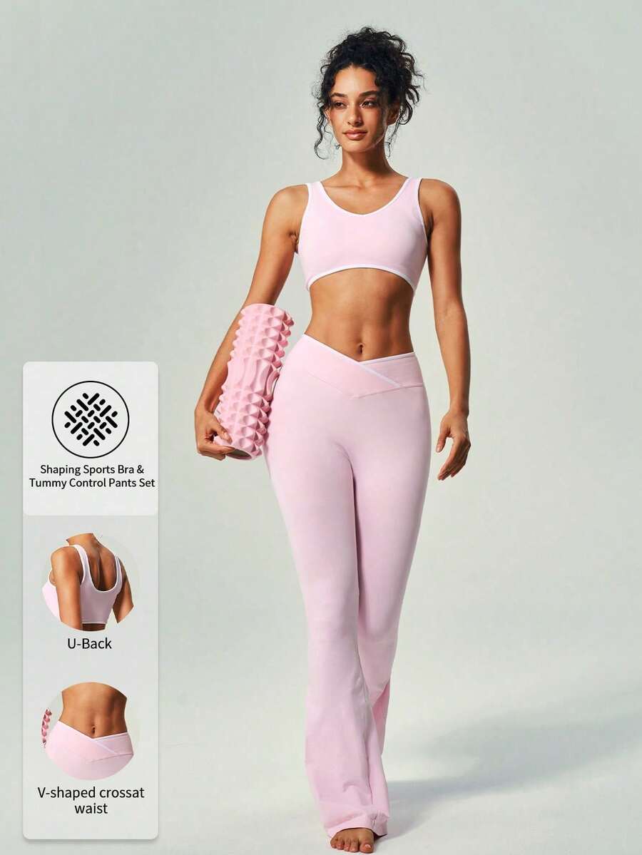 UONNOU High-Waisted Flared Yoga Pants And U-Neck Sports Bra Seamless Workout Set - Baby Pink - View 1