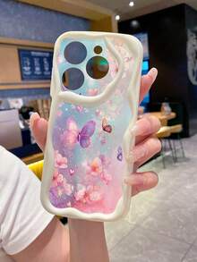 1个蝴蝶花卉图案防震手机壳，波浪纹设计，UV印刷，兼容苹果/三星/ - 米色 - 查看 4