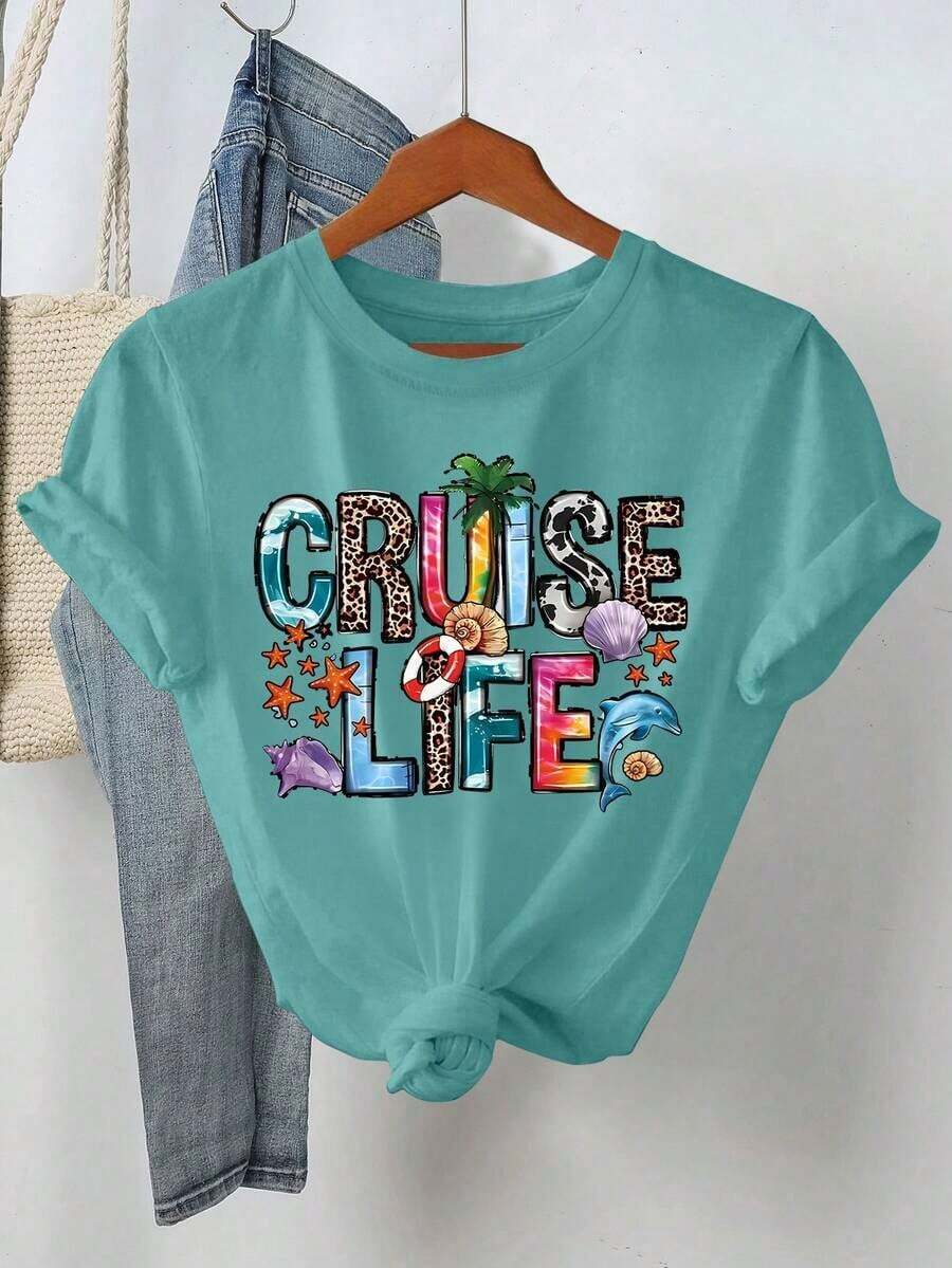 CRUISE LIFE" Summer Vibe Letter Print T-Shirt, Hello Summer, Women's Round Neck Vacation Tee Summer - 霧霾藍 - 查看 1