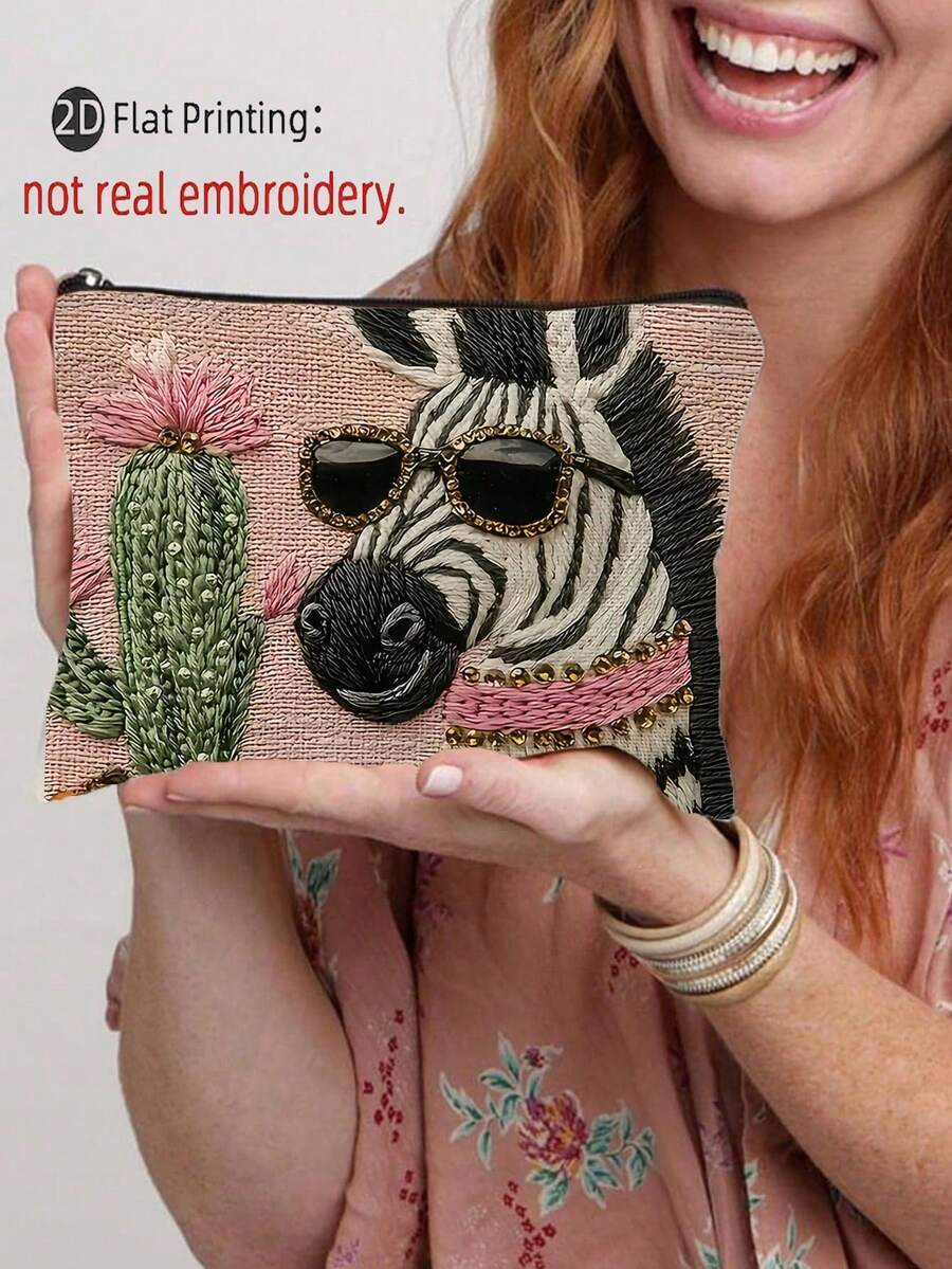 1pc AnDesign Design Fashion Zebra Stripe & Cactus Pattern Makeup Bag, Zippered Travel Toiletry Bag, Perfect For Women And Sisters - Multicolor - View 1