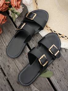 2025 New Summer Fashion Vintage Style Buckle Open Toe Flat Beach Sandals - Black - View 6