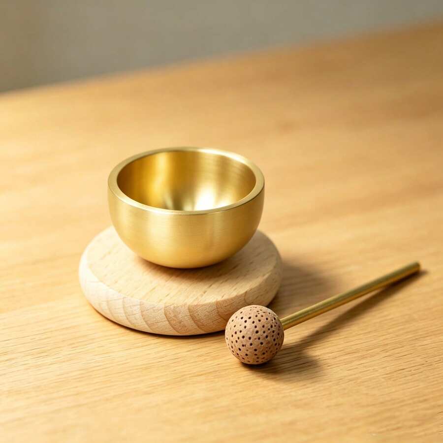 2組迷你冥想頌缽，黃銅音碗附木製底座與敲擊棒，正念冥想樂器，瑜珈音療打擊工具，禪意放鬆裝飾
