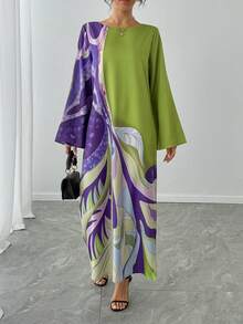 Solessence 一件女士印花撞色圆领长袖喇叭袖长袍，时尚奢华，适合秋冬季节、休闲度假穿着，优雅宽松长裙，传统阿拉伯服饰，正式晚礼服，春季款 - 綠色 - 查看 11