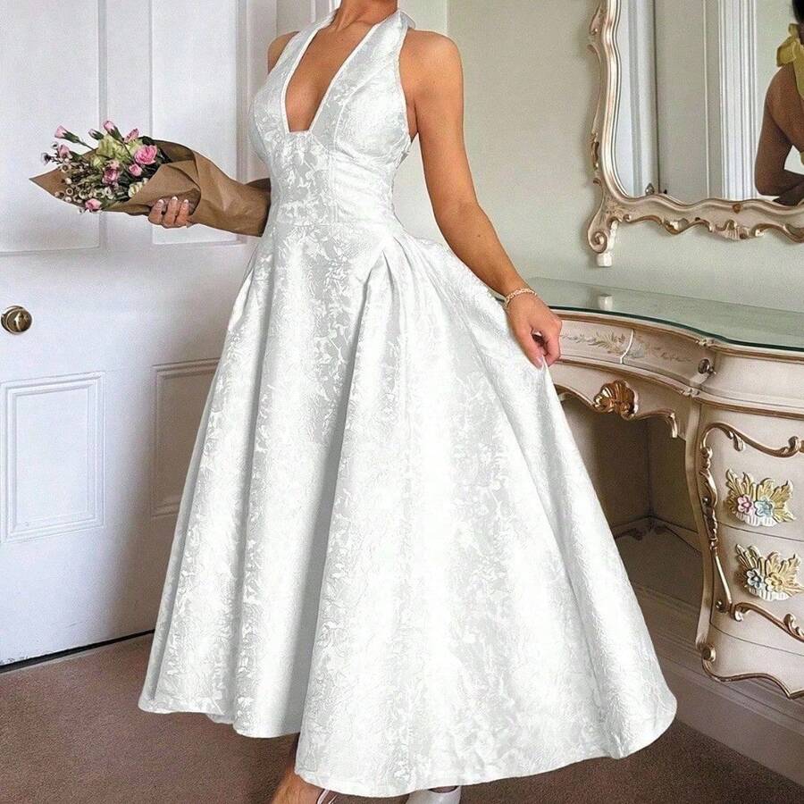 Vestido femenino largo de moda con estampado en relieve vintage escote en V sin mangas y falda amplia nuevo diseño popular y elegante - Blanco - Ver 1