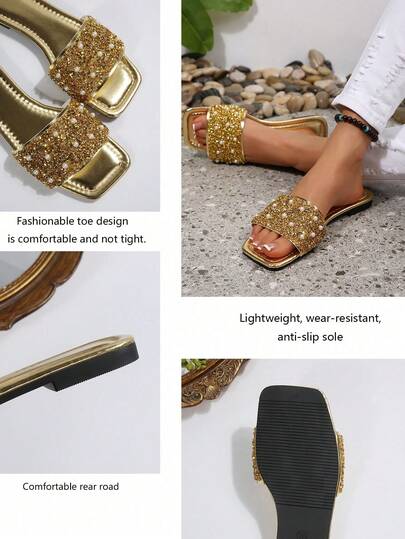 1 đôi dép lê cỡ lớn màu vàng óng ánh, đính đá và ngọc trai đôi, thanh lịch và thời trang cho tiệc tùng, kỳ nghỉ, bãi biển, dép bệt thoải mái, phù hợp cho mang hàng ngày, cỡ 41-42-43