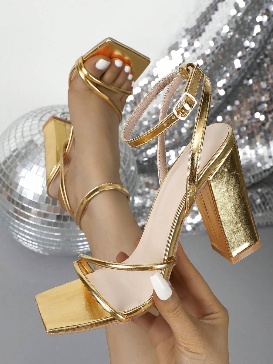 Sandalias de tacón grueso con punta cuadrada y diseño sexy para mujer - Dorado - Ver 1