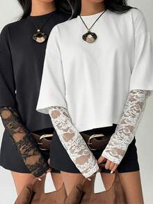 2pcs Women's Fashion Atmosphere Round Neck Lace Patchwork Long Sleeve Slim Fit T-Shirt 1173T-1 Casual Spring - Black + White - View 1