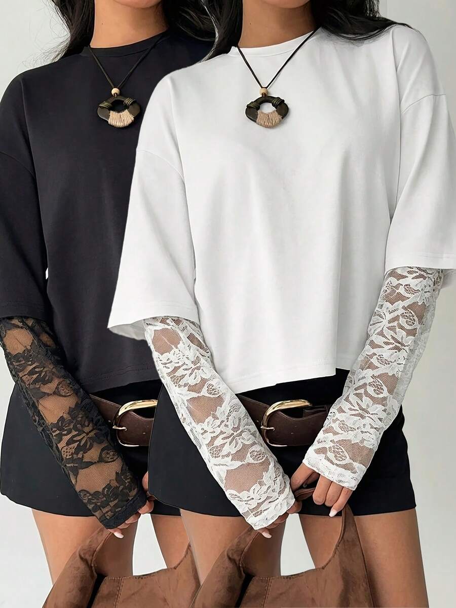 2pcs Women's Fashion Atmosphere Round Neck Lace Patchwork Long Sleeve Slim Fit T-Shirt 1173T-1 Casual Spring - Black + White - View 1