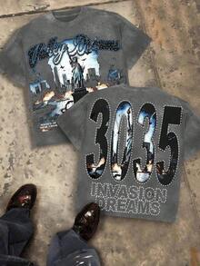 Valley Dreams Statue Of Liberty & City Explosion & "3035 INVASION DREAMS" Text 230g Combed Washed Cotton T-Shirt, Street Short-Sleeve Top, American Dark Hardcore Style Apparel, Spring Summer Crew Neck Top, Suitable For Summer Daily Casual Wear,2026St Pattys Day Outfit,Easter Outfit Women,Summer Outfits,Vacation Outfits Women,Summer Outfits For Women,Spring Outfits For Women,Summer Tops,St Pattys Day Outfit,Easter Outfit Women - 灰色 - 查看 14