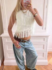 女士夏季休闲优雅白色圆领无袖流苏针织背心，优雅休闲针织上衣/背心，适合日常约会穿着 - 白色 - 查看 9