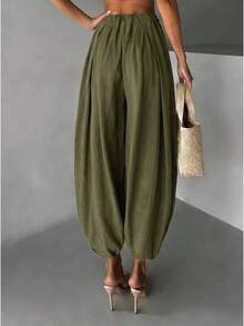 Women Harem Pants Elastic High Waist Loose Casual Wide Leg Tapered Ankle Pants Lightweight Lounge Pants - 橄欖色 - 查看 2