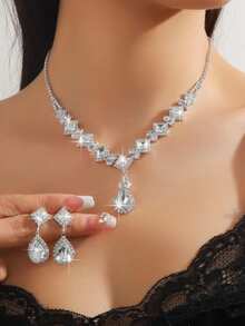 三件套首饰，方形锆石爪链项链和耳环，适合婚礼、新娘、派对和宴会等场合。 - 彩色 - 查看 8