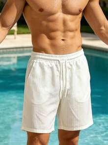 Men's Drawstring Striped Elastic Waist Casual Beach Shorts, Summer - White - View 3