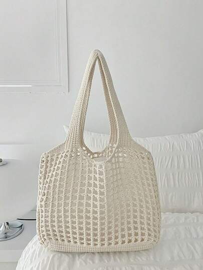 Crochet Tote Bag - Spacious Hollow-Out Design, Fixed Shoulder Strap, Unlined Polyester Tote Bag - Ideal For Travel, School And Daily Use, School Tote Bag | Minimalist Tote Bag | Polyester Tote Bag Fashion Hollow Knitted Women's Bag Casual, Women's Shopping Bag, Mother's Day Gift, Backpack For Freshmen, Sophomores, Juniors And Seniors, Suitable For Outdoor, Travel And Back To School, Backpack, Portable, Large Capacity, Foldable, Back To School, Large College Backpack, Large Women's Tote Bag