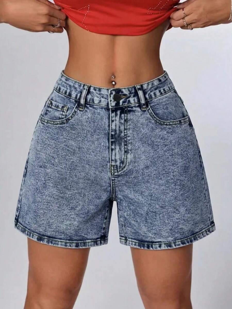 Teen Girls Casual Blue Button Pocket Denim Shorts - Blue - View 1