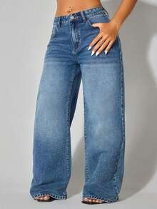 Jeans casuales de cintura baja y pierna ancha de color azul con bolsillos en diagonal, ropa de verano y primavera - Azul marino - Ver 1