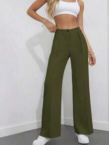 Pantalones holgados de cintura alta con pliegues, aptos para el trabajo y el uso casual, negro para primavera/verano - Verde militar - Ver 6