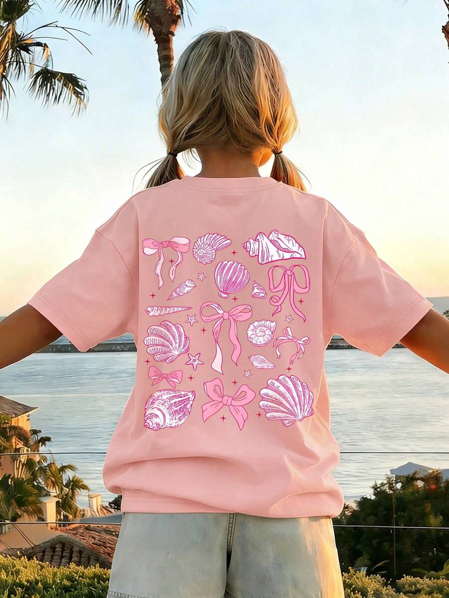 1pc Cute Style Teenage Girls' T-Shirt, Ocean Pattern Top, Casual Outdoor Wear For Spring & Summer - Pink - View 1