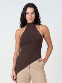 Women's Halter Neck Blouse With Asymmetrical High Neck And Elastane In Polyamide - Rust Brown - View 1